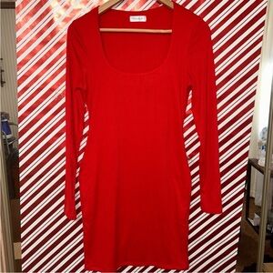 Fashion Nova Vibrant Red Long Sleeve Ribbed Bodycon Square Neck Dress